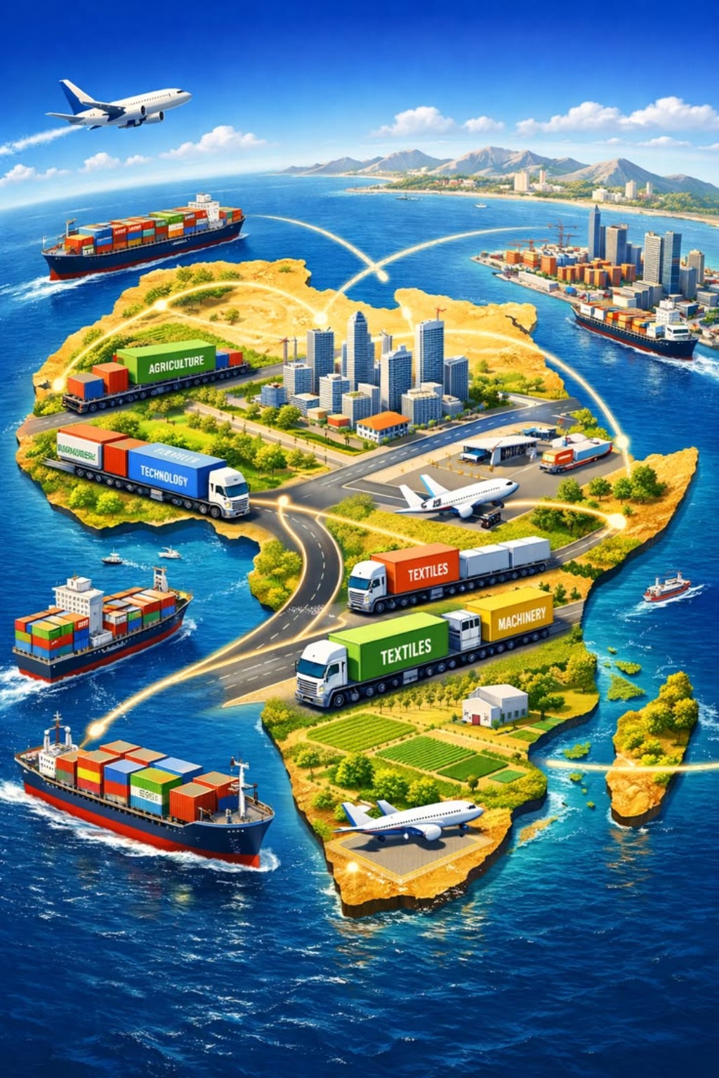 An illustration of African trade connections, with ships, aircraft, trucks and glowing routes.