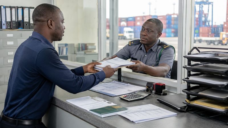 A clearing agent hands a stack of documents to a customs officer across the counter.