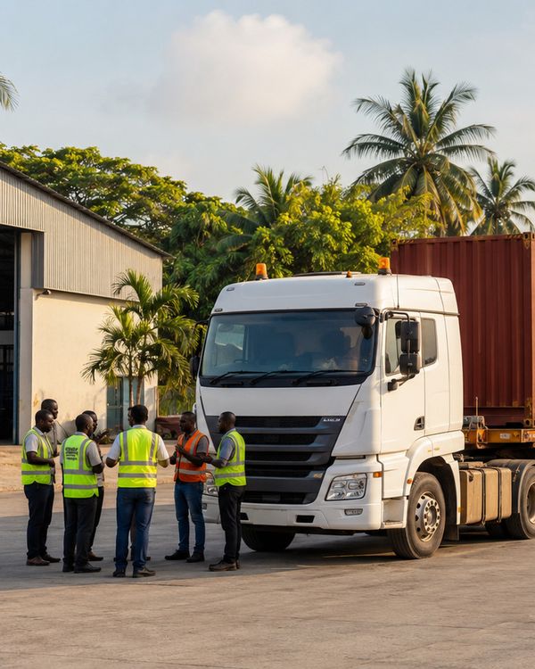 A crew in high-visibility vests talks beside a white truck carrying a container, palm trees behind.