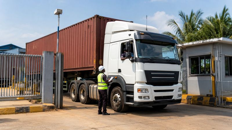 An inspector with a clipboard checks a container truck’s papers at a terminal gate.