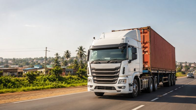 A white truck carrying an orange container on an open road lined with palm trees.