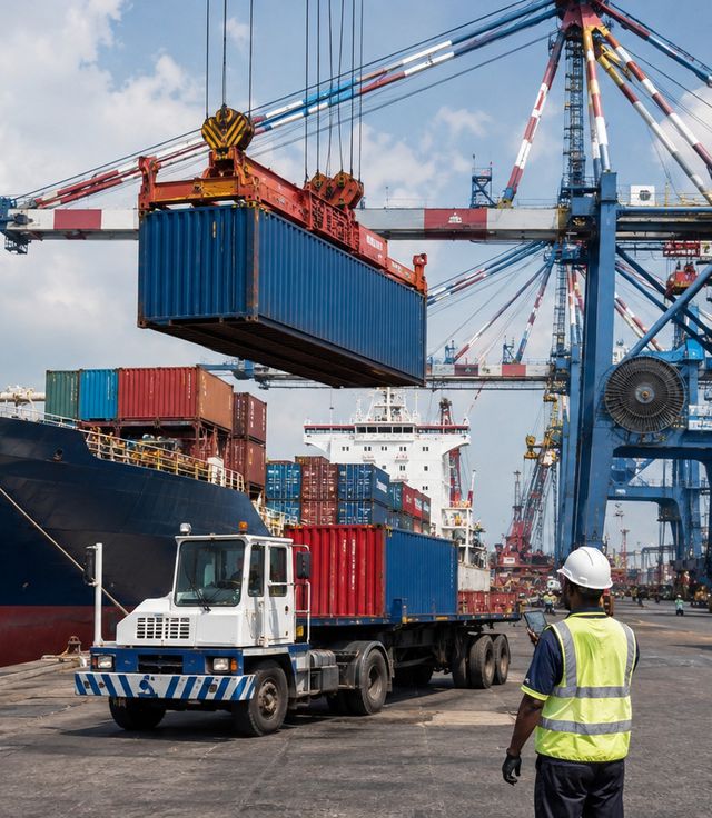 A gantry crane lifts a blue container from a berthed ship while a port worker in a hard hat watches from the quay.