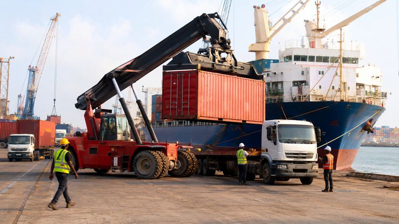 A reach stacker lifts a red container from a ship onto a waiting truck at the quay.