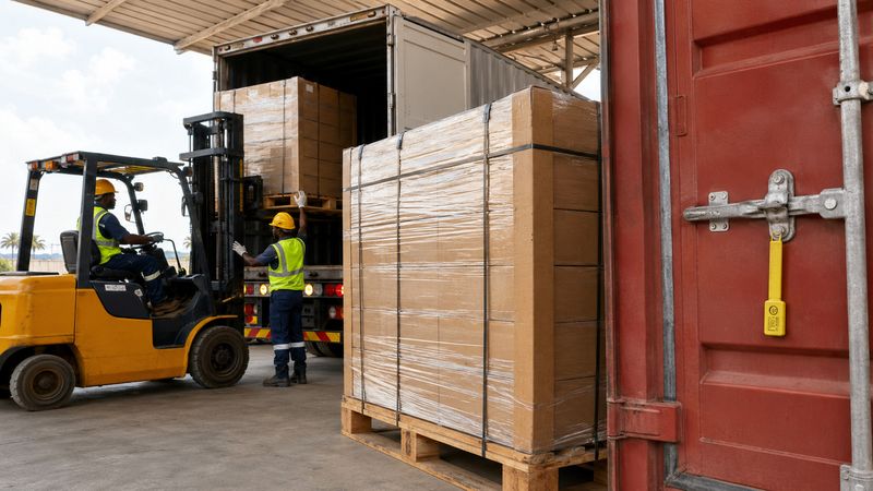 A forklift loads wrapped pallets beside a container door closed with a yellow security seal.