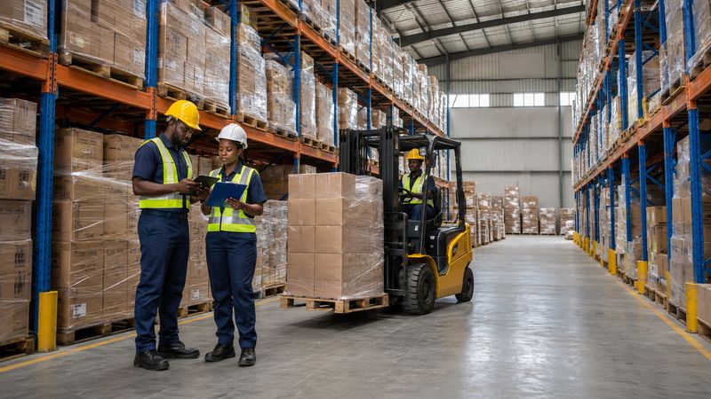 Two staff review stock on a tablet in a racked warehouse aisle as a forklift moves a pallet.